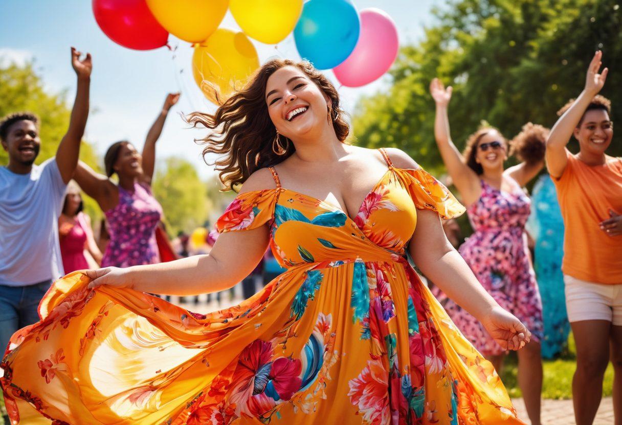 A radiant plus size woman joyfully dancing in a colorful, flowing dress that celebrates her curves, surrounded by a diverse group of friends cheering her on. The background features a sunny park filled with vibrant flowers and balloons, symbolizing empowerment and confidence. The woman's expression is one of pure happiness, exuding self-love. The image captures a sense of unity and celebration of body positivity. super-realistic. vibrant colors. sunny atmosphere.