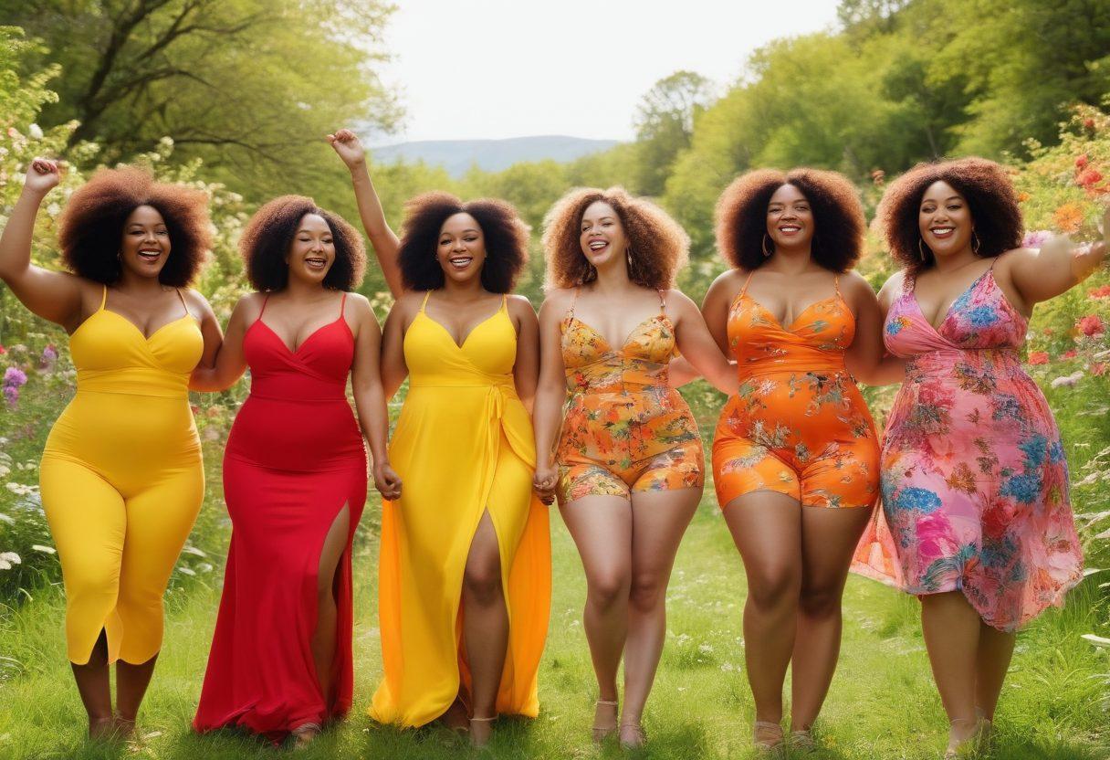 A confident, diverse group of people joyfully celebrating their bodies, wearing vibrant, colorful outfits that embrace various curves, surrounded by nature and blooming flowers symbolizing growth and positivity. The scene radiates warmth and happiness, with soft sunlight illuminating their smiles. super-realistic. vibrant colors. outdoor setting.
