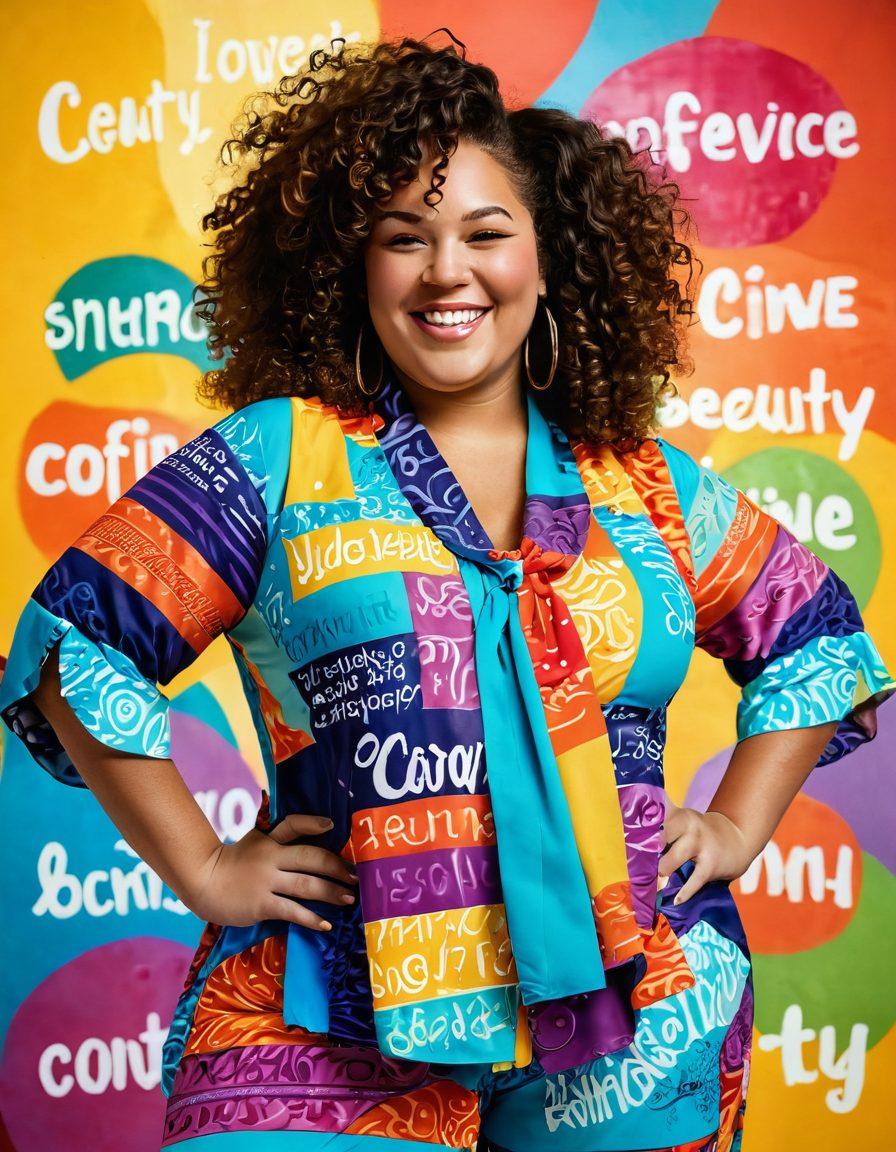 A joyful plus-size girl with curly hair standing confidently, wearing a bright, colorful outfit that showcases her style and personality. She is surrounded by uplifting words like 'Confidence' and 'Beauty' in playful typography, with a vibrant, abstract background symbolizing diversity and positivity. sunlight streaming through to highlight her cheerful expression. painting. vibrant colors. whimsical style.